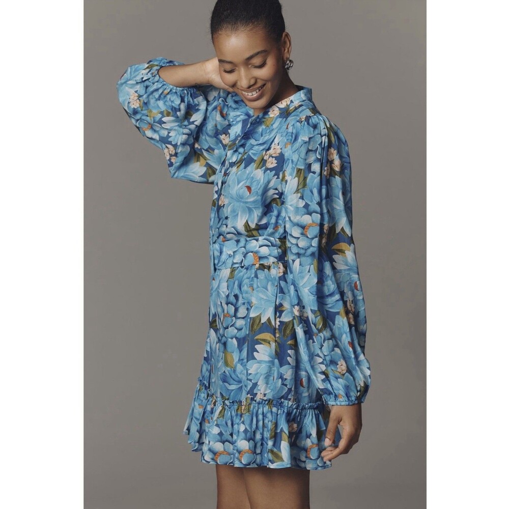 Farm Rio Blue Floral V-Neck Puff Long Sleeve Belted Shirt Mini Dress XXS